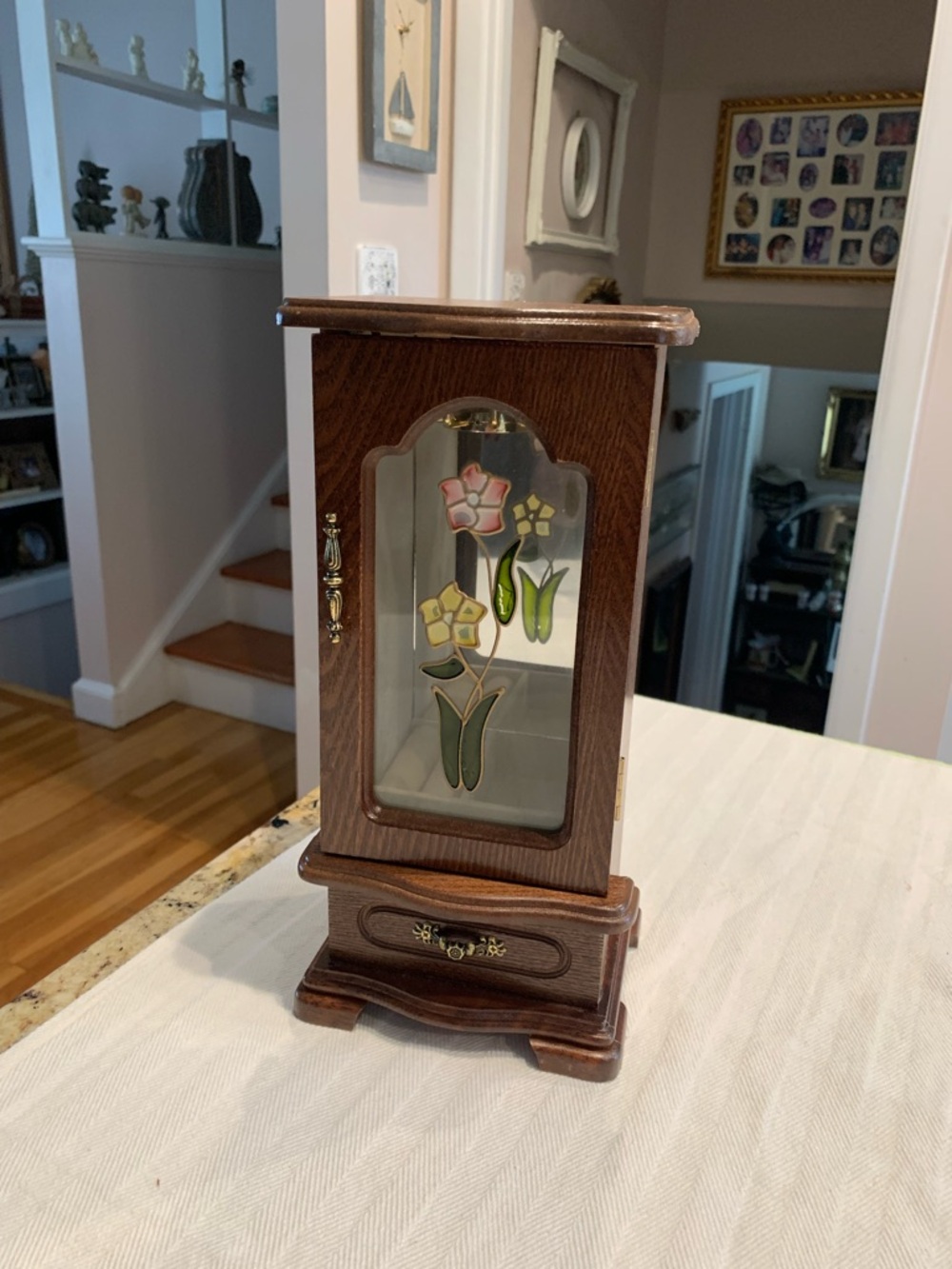 Vintage Jewelry Box Armoire Wood Stained Floral Rose Stencil Glass Door